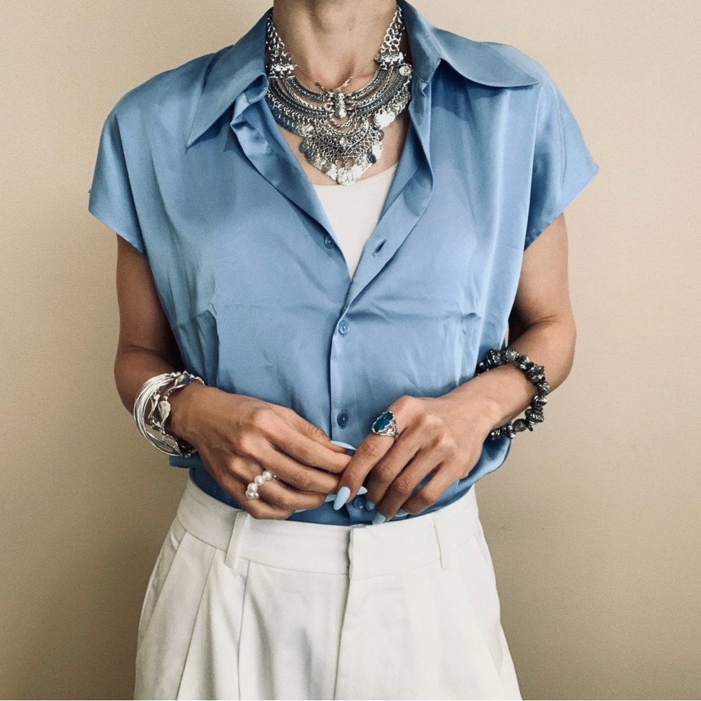 Light Blue Satin Short-Sleeve Blouse